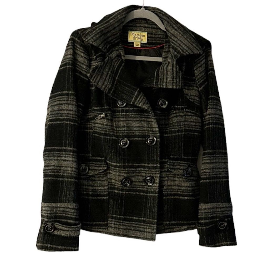Maralyn & Me Gray Lined Hooded Plaid Jacket Pea Coat Hood Size Small
